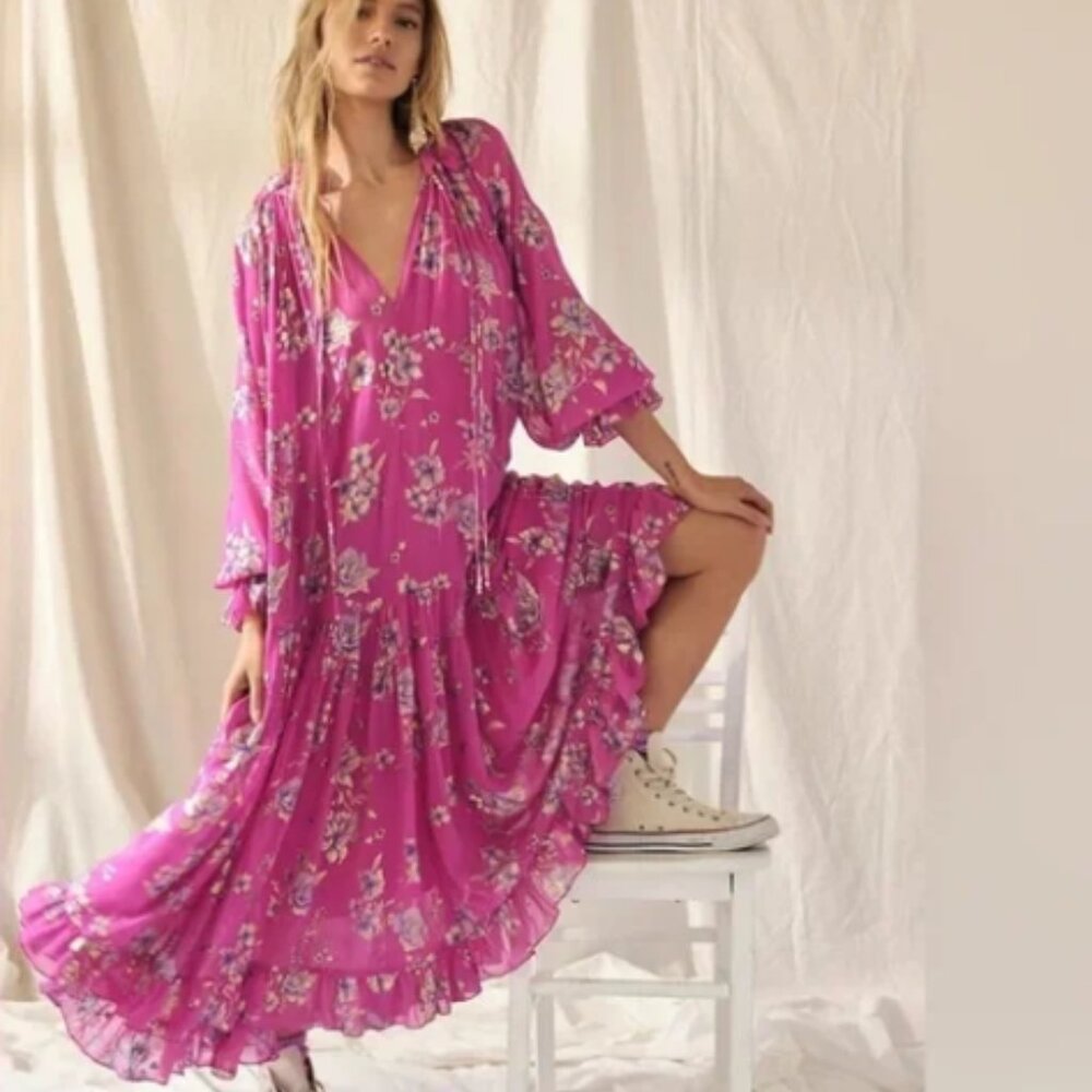 Free People Feeling Groovy Maxi Foil Dress Pink Floral - Small